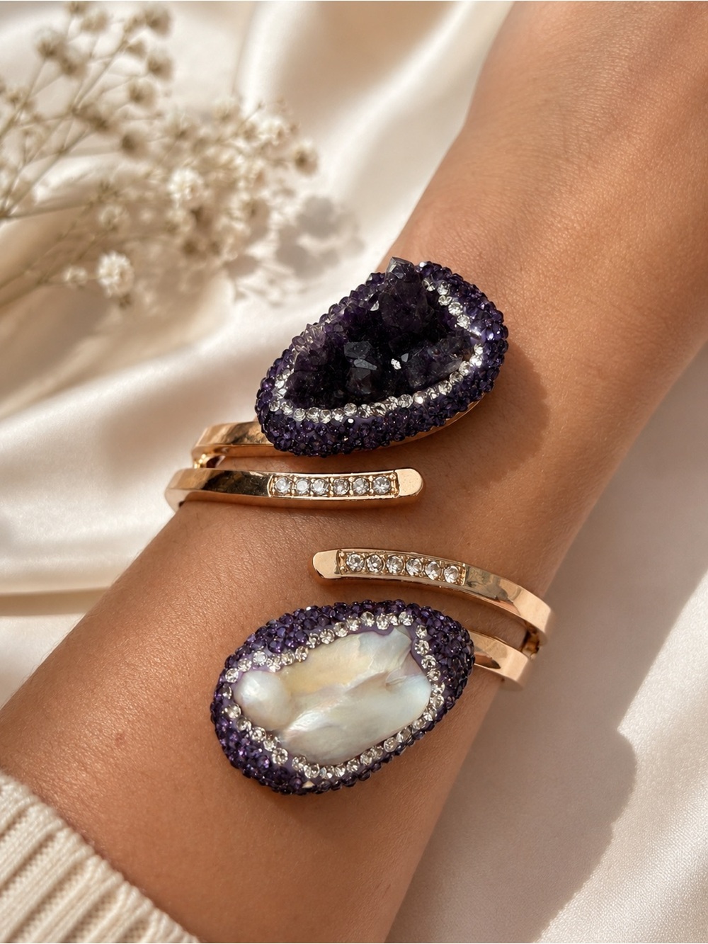 Natural Baroque Pearl & Purple Quartz Open Cuff Bracelet - Women Jewelry